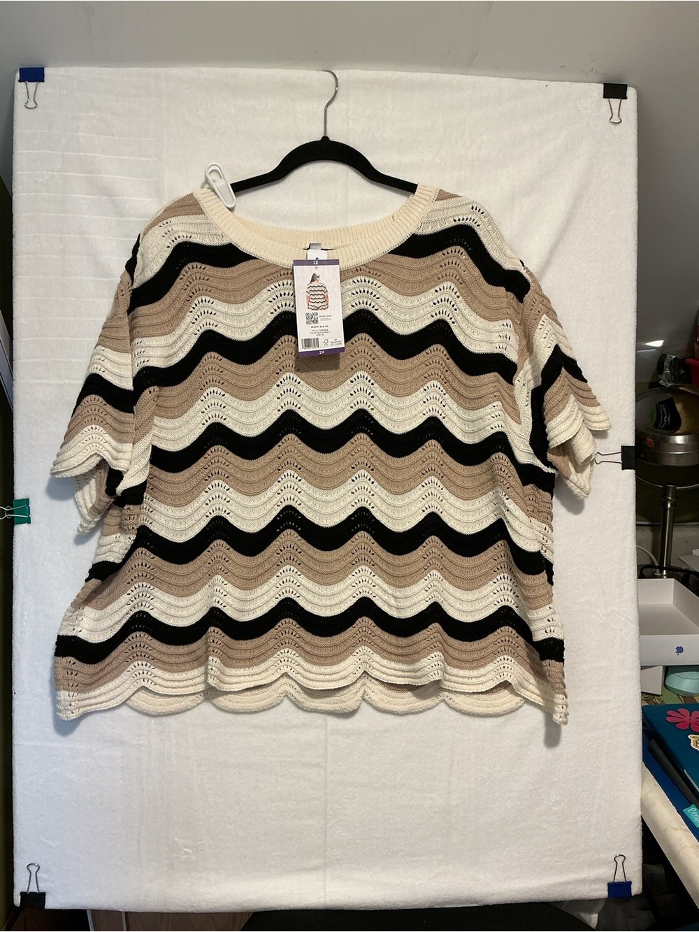 Hunter Openwork Wavy Stripe Knit Top - Black, Cream & Tan